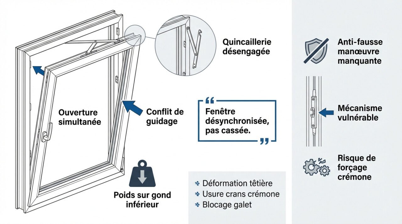 Schéma technique d'une fenêtre oscillo-battante bloquée en position drapeau
