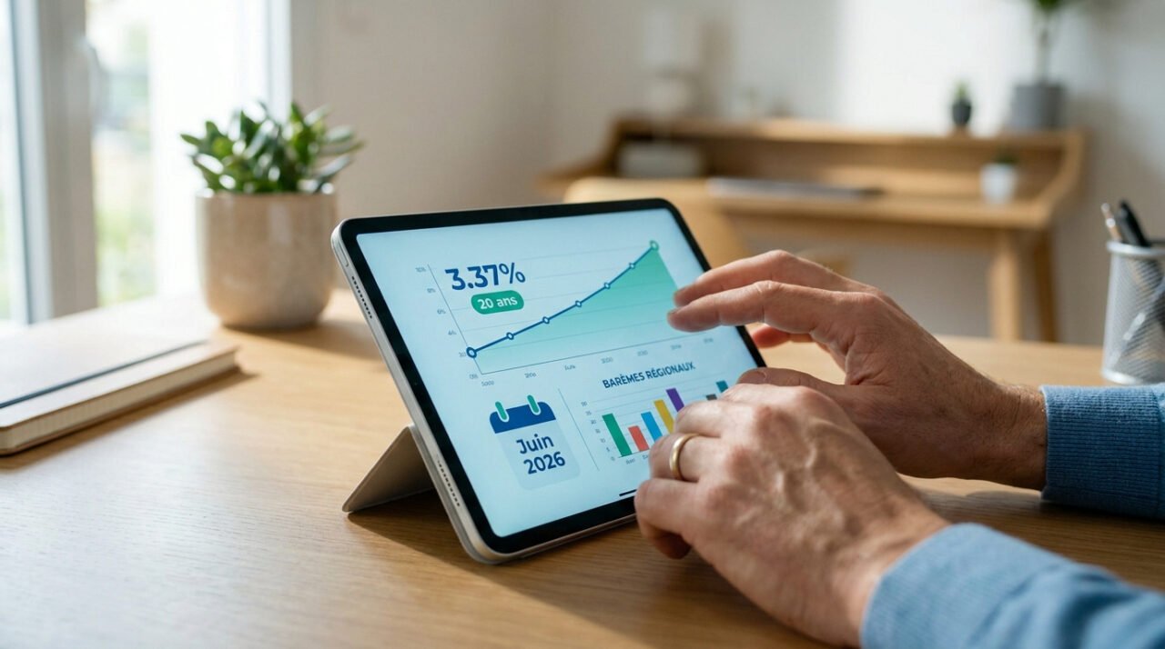 Mains consultant un graphique de taux de crédit immobilier à 3,37% sur une tablette en juin 2026.