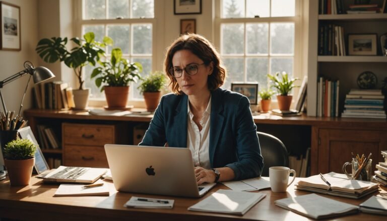 Une femme portant des lunettes travaille sur un ordinateur portable dans un bureau à domicile, entourée de papiers, de livres, de plantes et de la lumière du soleil provenant de grandes fenêtres.