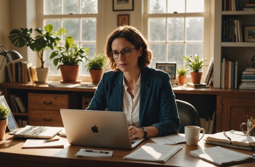 Une femme portant des lunettes travaille sur un ordinateur portable dans un bureau à domicile, entourée de papiers, de livres, de plantes et de la lumière du soleil provenant de grandes fenêtres.