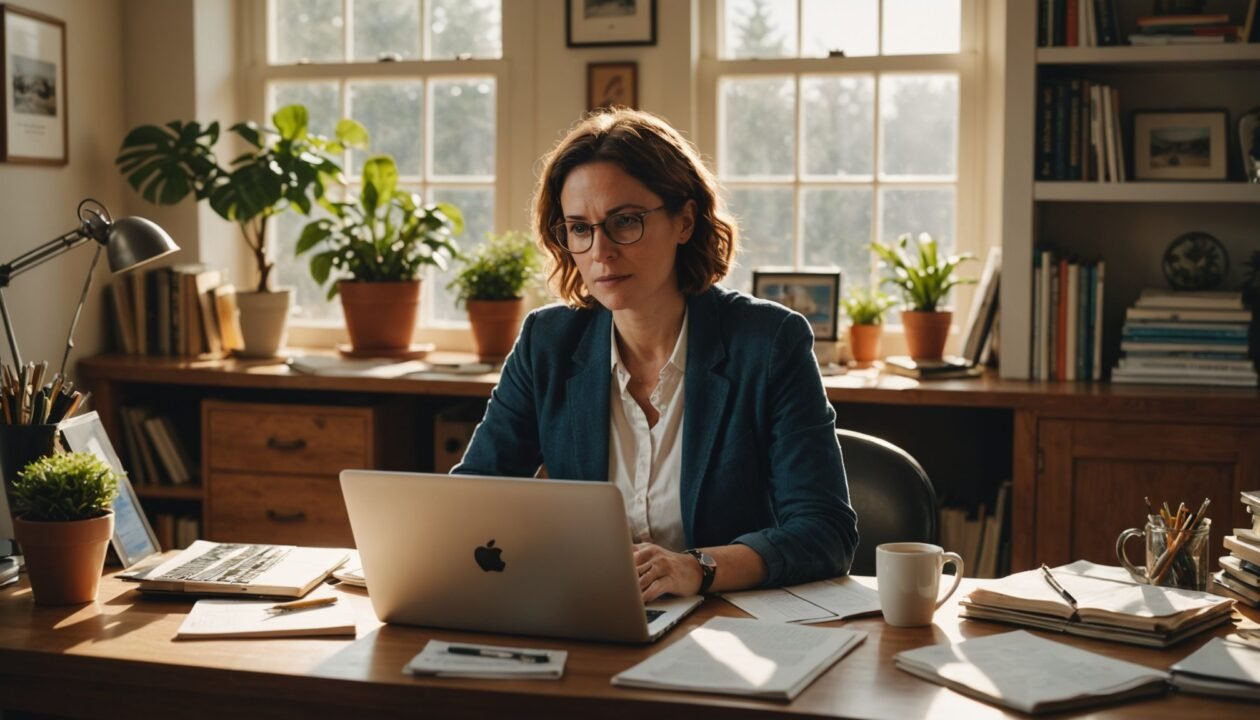 Une femme portant des lunettes travaille sur un ordinateur portable dans un bureau à domicile, entourée de papiers, de livres, de plantes et de la lumière du soleil provenant de grandes fenêtres.