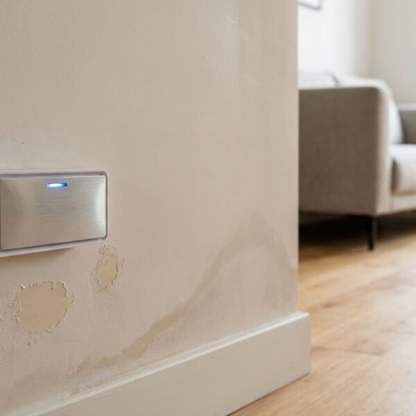 Un boîtier capteur d'humidité moderne avec lumière bleue, fixé sur un mur aux peintures écaillées et taches d'eau, dans un intérieur clair.