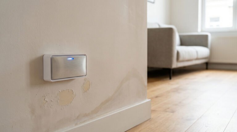 Un boîtier capteur d'humidité moderne avec lumière bleue, fixé sur un mur aux peintures écaillées et taches d'eau, dans un intérieur clair.