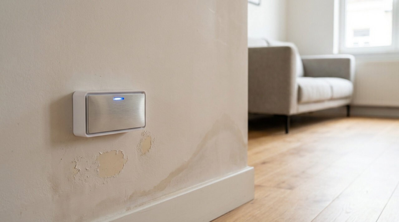 Un boîtier capteur d'humidité moderne avec lumière bleue, fixé sur un mur aux peintures écaillées et taches d'eau, dans un intérieur clair.