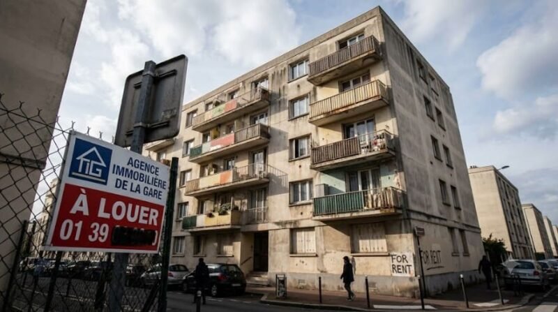 On voit un immeuble d'appartements beige de quatre étages, doté de balcons et d'une pancarte « À louer » en français, situé dans une rue de la ville où sont garées des voitures et où passe un piéton.