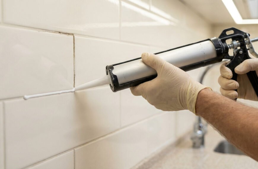 Une main gantée applique un joint de silicone blanc frais le long d'un carrelage mural, près d'un ancien joint noirci.