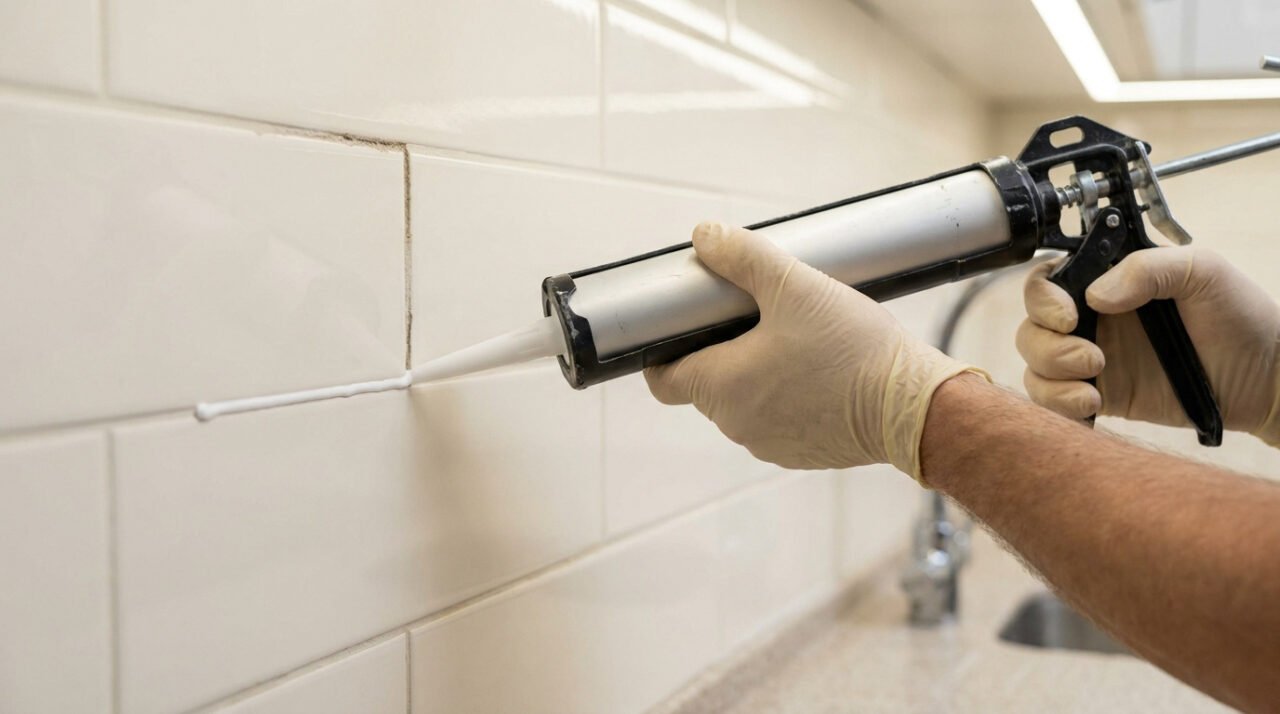 Une main gantée applique un joint de silicone blanc frais le long d'un carrelage mural, près d'un ancien joint noirci.