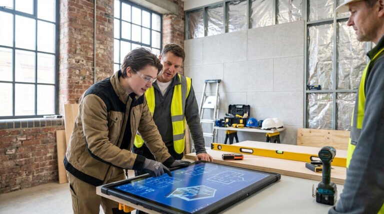 Deux hommes consultent des plans numériques sur une tablette tactile sur un chantier de rénovation, avec des outils et matériaux.