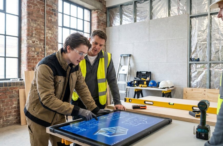 Deux hommes consultent des plans numériques sur une tablette tactile sur un chantier de rénovation, avec des outils et matériaux.