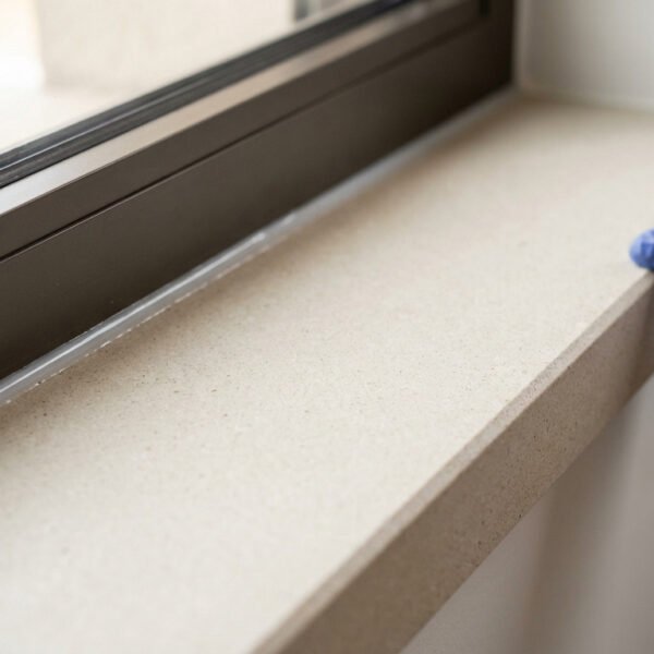 Main gantée vérifiant le joint d'étanchéité d'un appui de fenêtre rénové, assurant une isolation optimale.