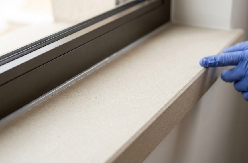 Main gantée vérifiant le joint d'étanchéité d'un appui de fenêtre rénové, assurant une isolation optimale.