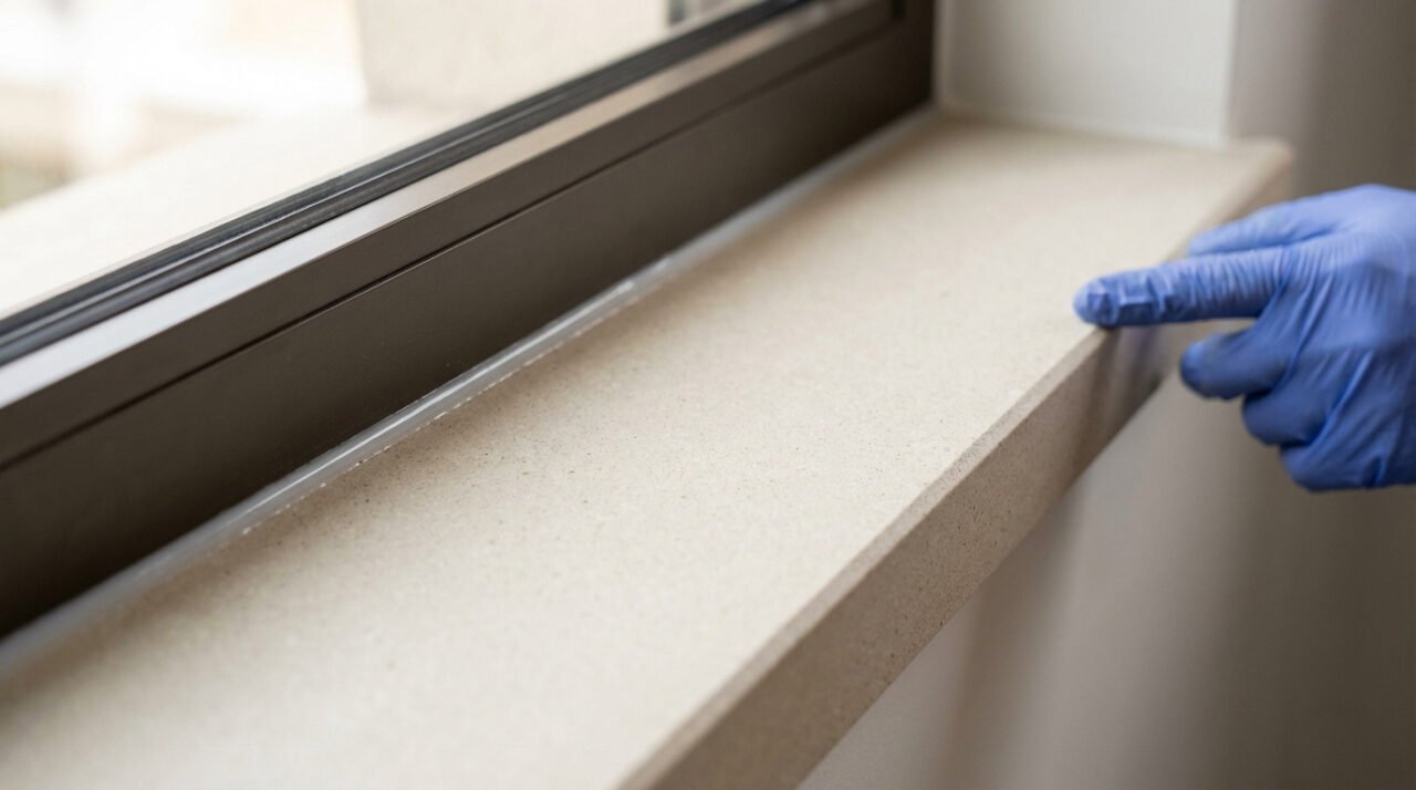 Main gantée vérifiant le joint d'étanchéité d'un appui de fenêtre rénové, assurant une isolation optimale.