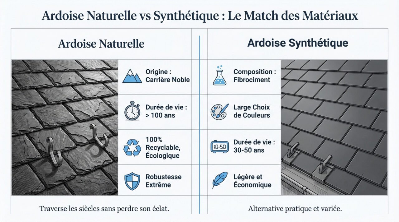 Comparaison entre une toiture en ardoise naturelle et une toiture en ardoise synthétique