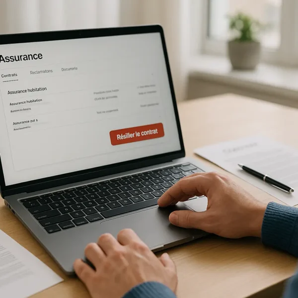 Une personne utilise un ordinateur portable affichant une page de gestion de contrat d'assurance en français, avec une option de résiliation du contrat en surbrillance.