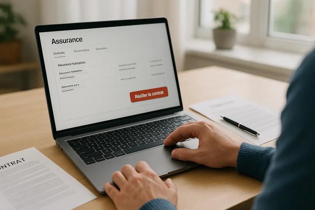 Une personne utilise un ordinateur portable affichant une page de gestion de contrat d'assurance en français, avec une option de résiliation du contrat en surbrillance.