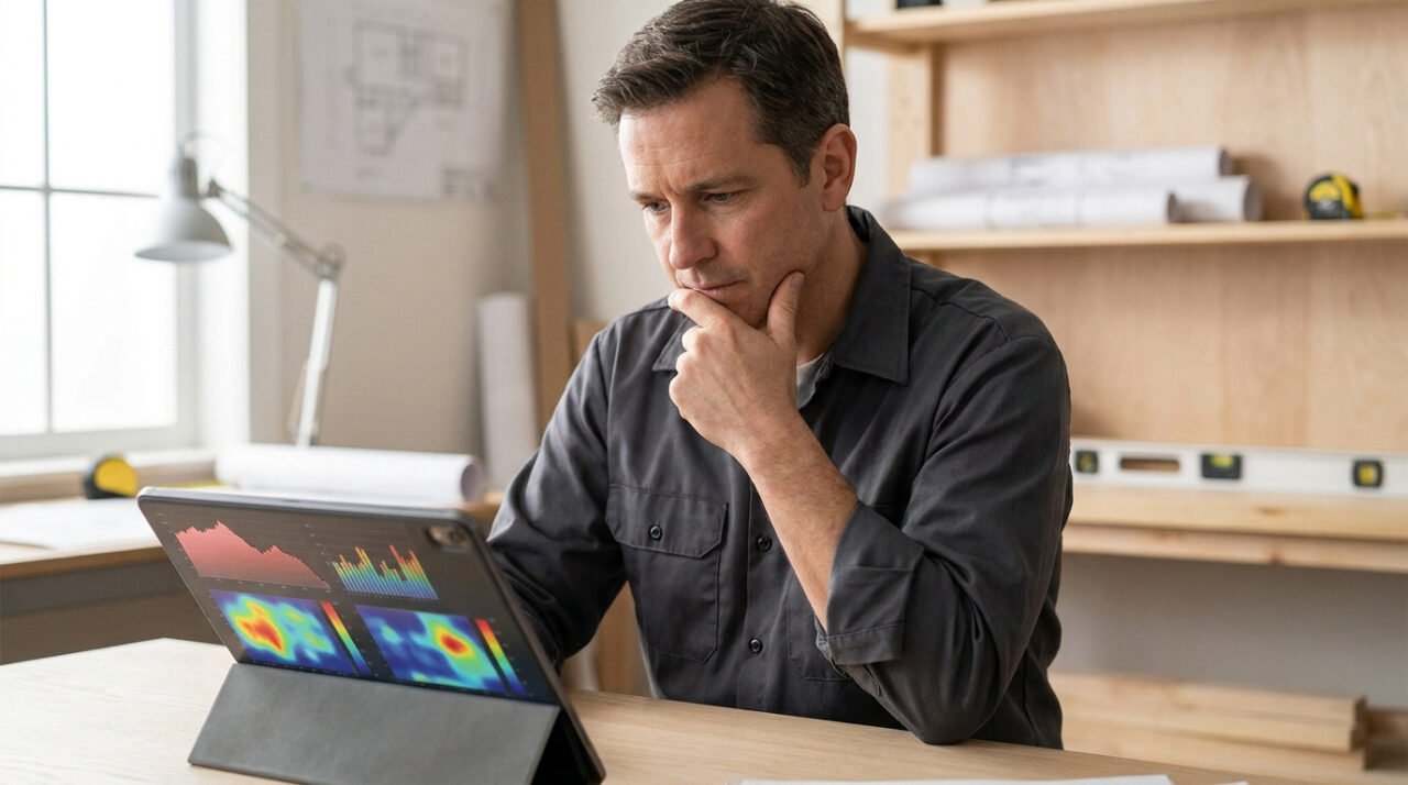 Un artisan pensif regarde des graphiques et des cartes thermiques sur une tablette dans son bureau.