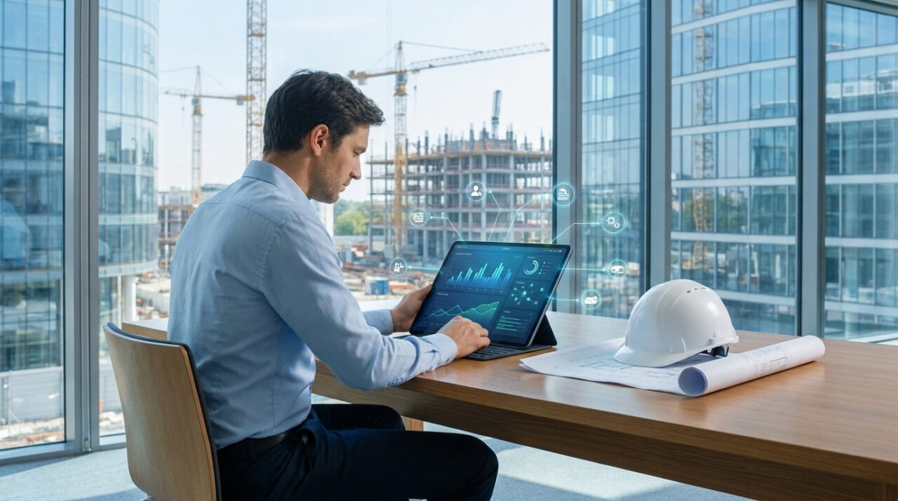 Un professionnel du BTP utilise une tablette avec des données numériques devant un chantier de construction.