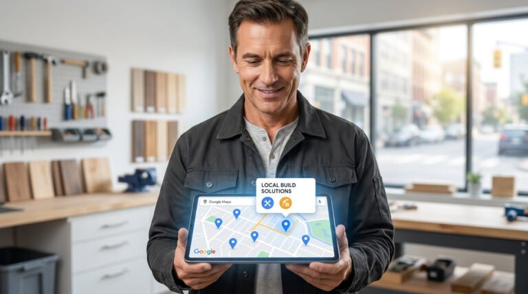 Artisan souriant tenant une tablette affichant une carte Google Maps avec des marqueurs de chantiers locaux.