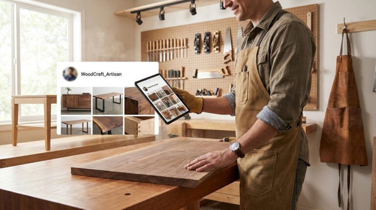 Un menuisier en tablier devant son établi, consultant une grille de photos de ses créations sur une tablette.
