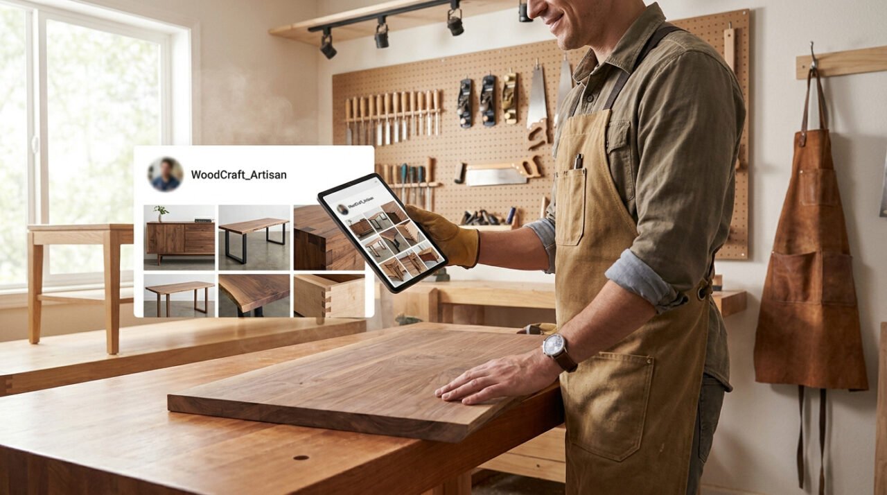 Un menuisier en tablier devant son établi, consultant une grille de photos de ses créations sur une tablette.