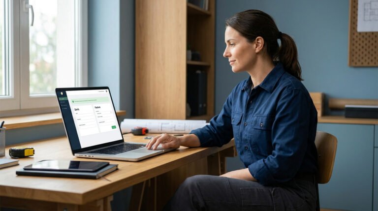 Une femme artisan utilisant un ordinateur portable pour gérer ses devis et factures depuis son bureau.
