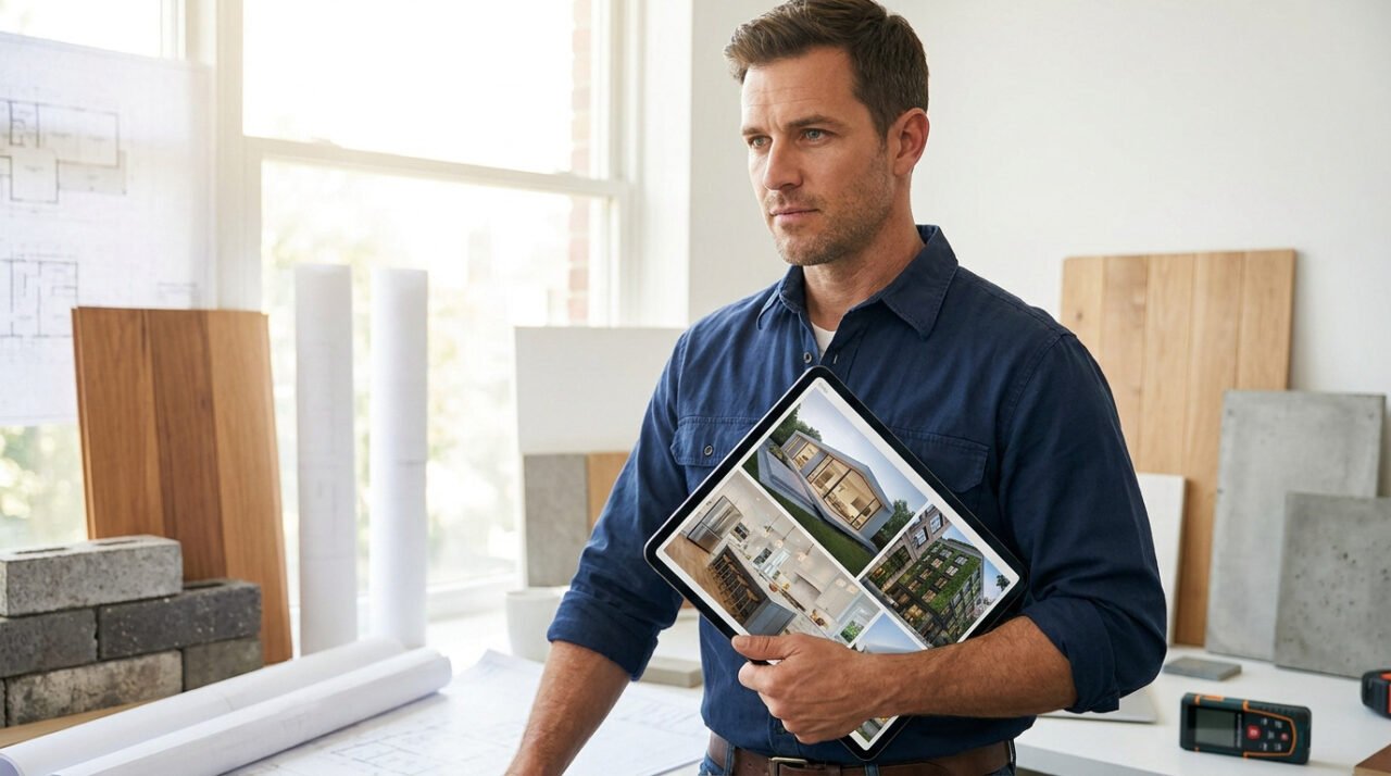 Un artisan professionnel présentant ses réalisations de rénovation sur une tablette numérique dans son bureau.