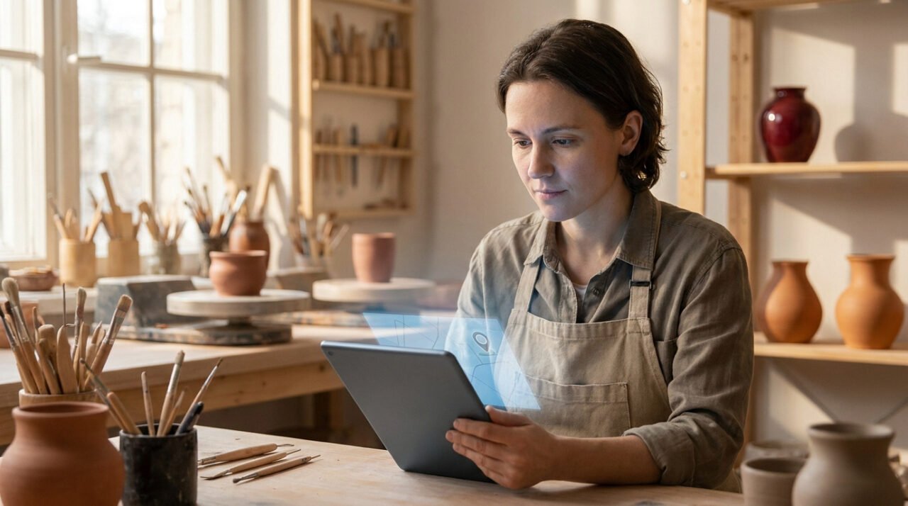Artisan potier utilisant une tablette pour gérer sa localisation sur une carte numérique.