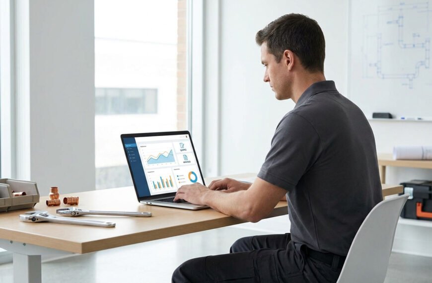 Plombier travaillant sur son ordinateur portable avec des graphiques de gestion et des outils sur son bureau.