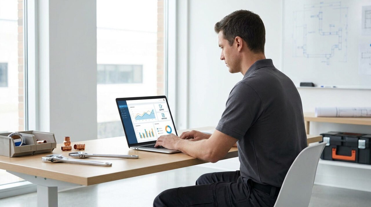 Plombier travaillant sur son ordinateur portable avec des graphiques de gestion et des outils sur son bureau.