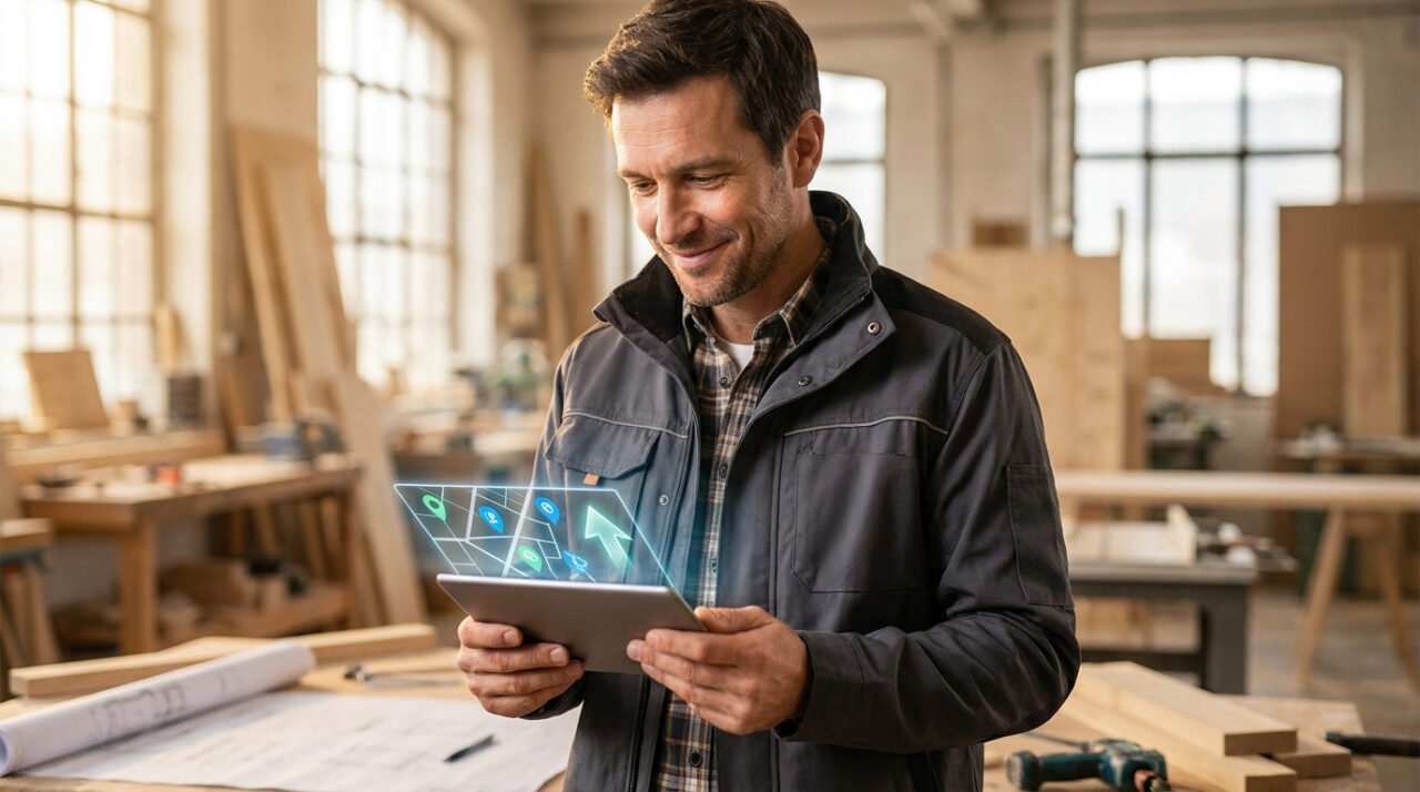 Un artisan souriant utilise une tablette avec une interface de carte interactive dans son atelier.