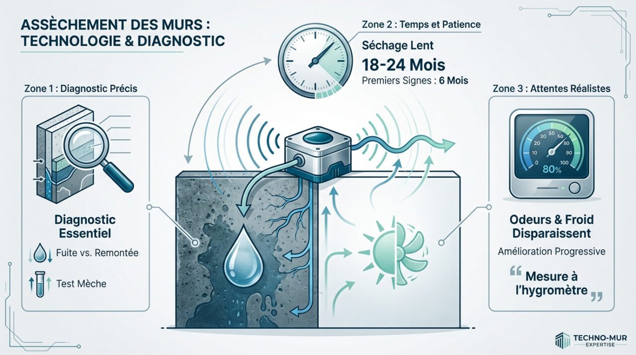 Diagnostic technique de l'humidité des murs avant installation d'un boîtier