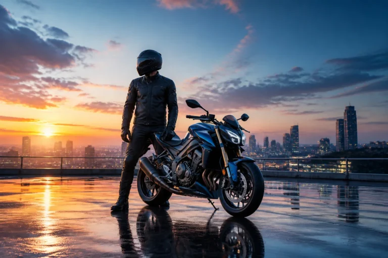 Motard et moto au crepuscule