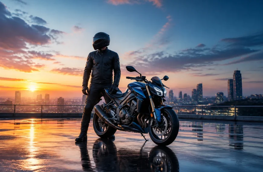 Motard et moto au crepuscule