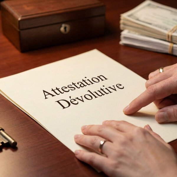 Une personne montre un document intitulé "Attestation Dévolutive" sur un bureau où se trouvent une clé ancienne, une boîte en bois et une pile d'argent.