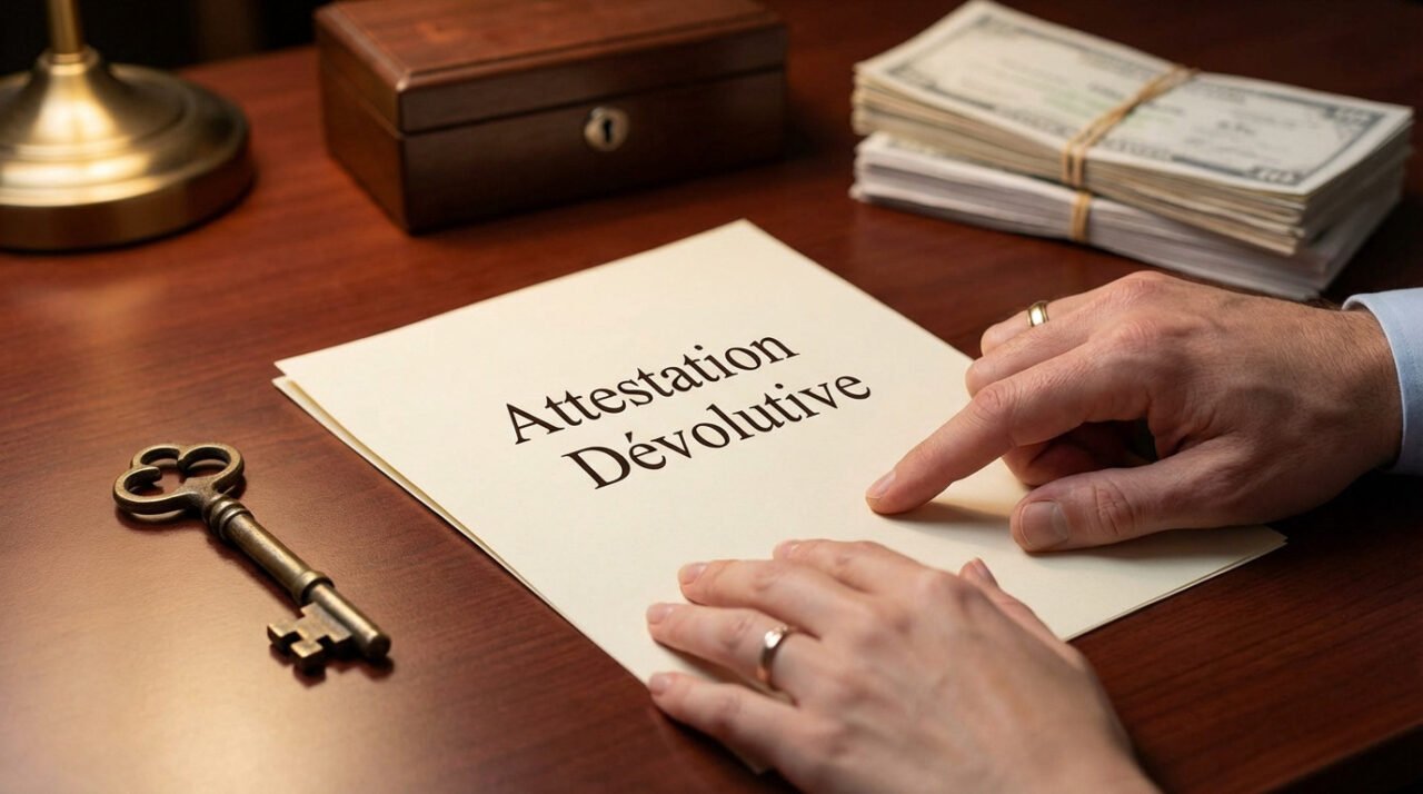 Une personne montre un document intitulé "Attestation Dévolutive" sur un bureau où se trouvent une clé ancienne, une boîte en bois et une pile d'argent.