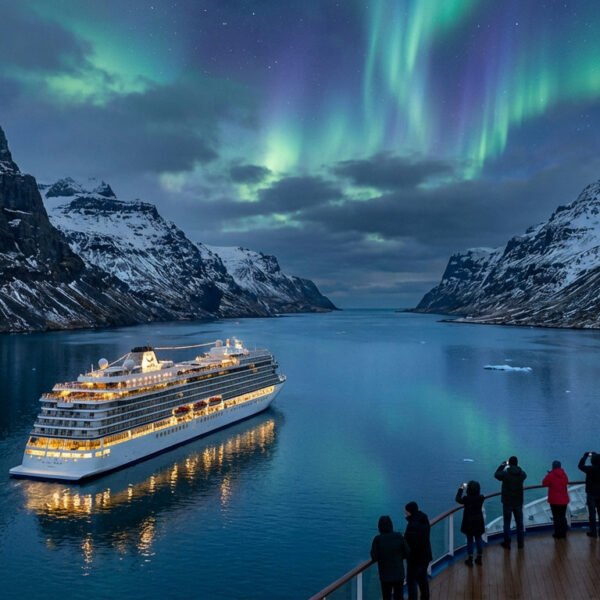Navire de croisière dans un fjord islandais, montagnes enneigées, aurores boréales vertes et violettes, passagers sur le pont.