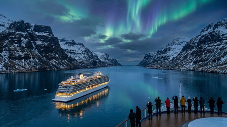 Navire de croisière dans un fjord islandais, montagnes enneigées, aurores boréales vertes et violettes, passagers sur le pont.