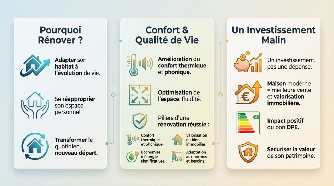 Schéma illustrant les avantages d'une rénovation : confort, qualité de vie et investissement financier