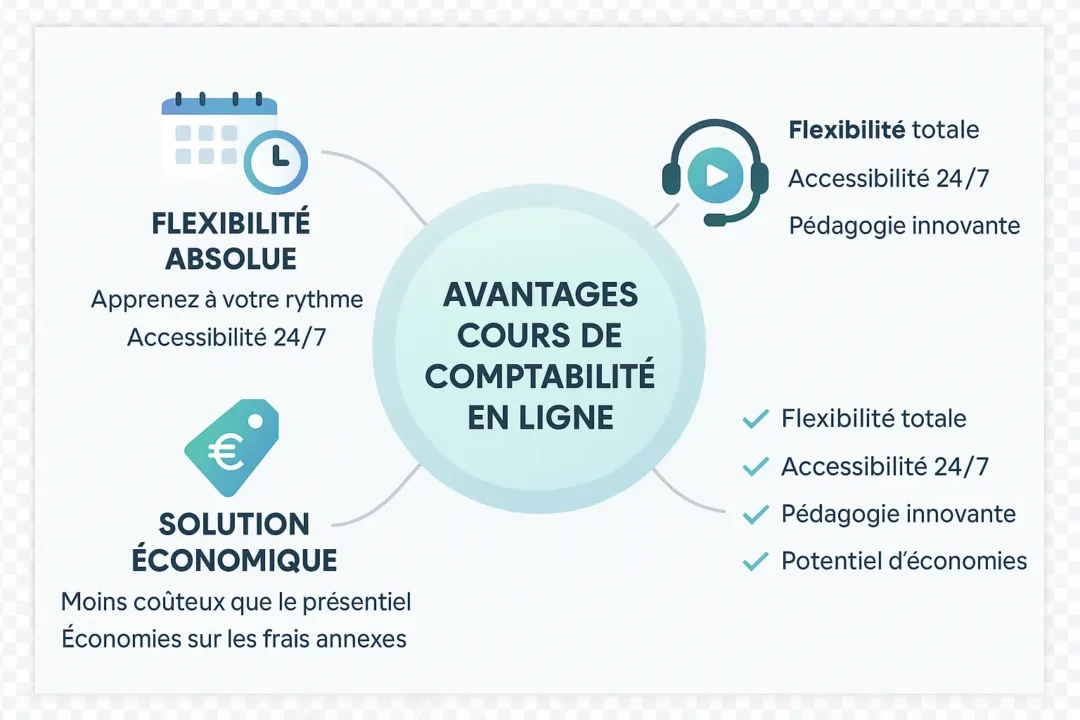 Illustration représentant les avantages des cours de comptabilité en ligne