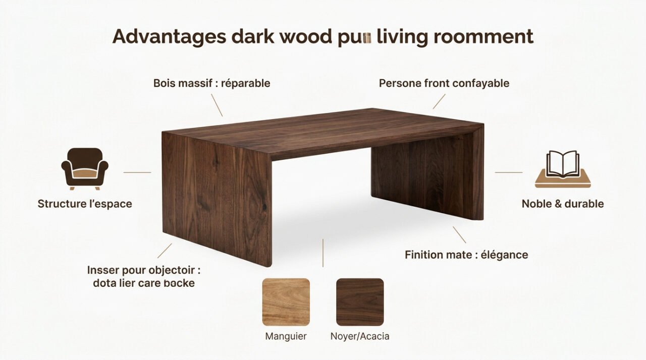 Table basse en bois foncé massif dans un salon élégant