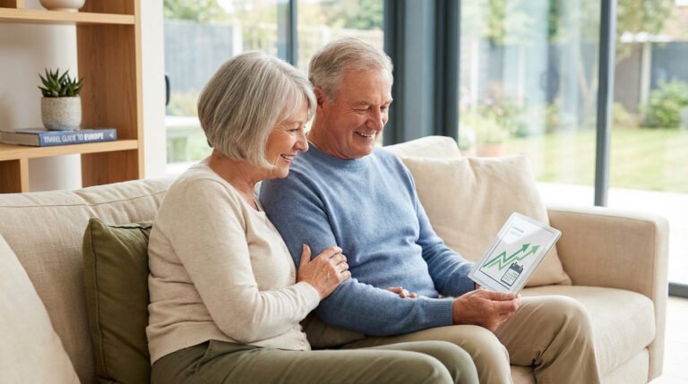 Couple senior souriant sur un canapé, regardant une tablette affichant des graphiques financiers positifs.