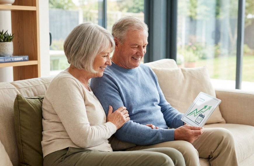 Couple senior souriant sur un canapé, regardant une tablette affichant des graphiques financiers positifs.