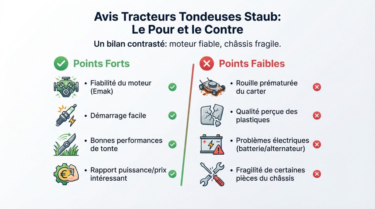 Tableau récapitulatif des avis positifs et négatifs sur les tracteurs tondeuses Staub