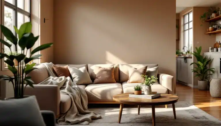 Un salon moderne avec un canapé beige, plusieurs coussins, une couverture, des plantes en pot, une table basse ronde en bois et la lumière du soleil qui traverse les grandes fenêtres.