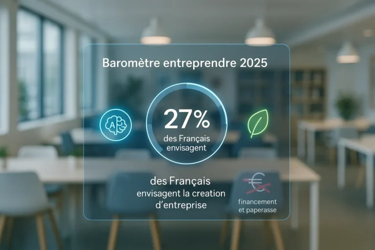 Une infographie numérique dans un bureau moderne montre "Baromètre entreprendre 2025" : 27 % des Français envisagent de créer une entreprise, avec des icônes pour l'innovation et la finance.