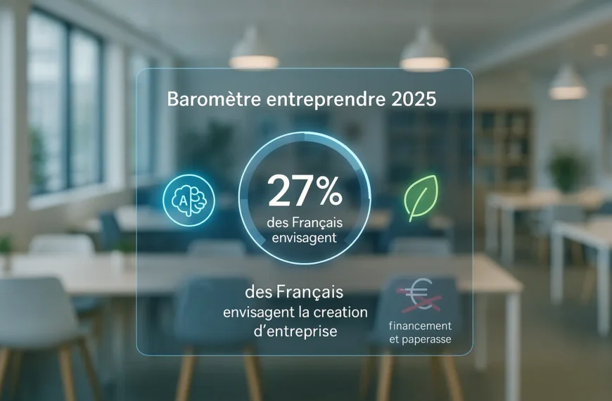 Une infographie numérique dans un bureau moderne montre "Baromètre entreprendre 2025" : 27 % des Français envisagent de créer une entreprise, avec des icônes pour l'innovation et la finance.