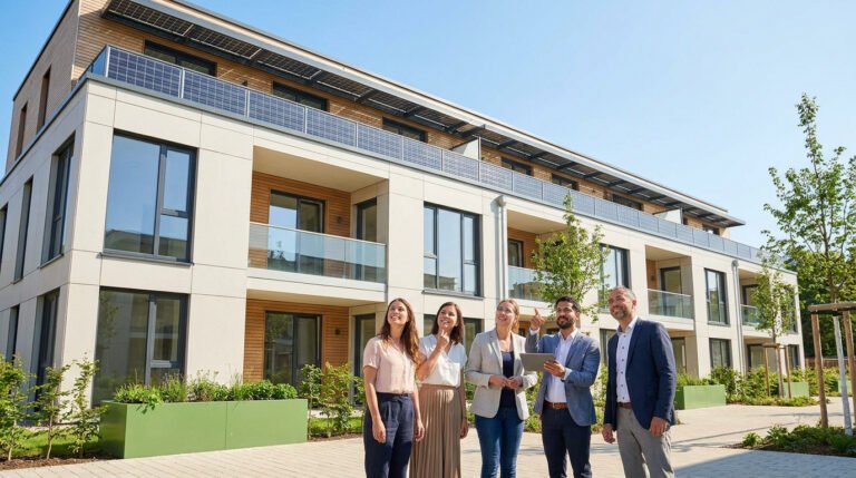 Cinq personnes devant un immeuble moderne avec panneaux solaires sur les balcons et le toit, discutant d'un projet.
