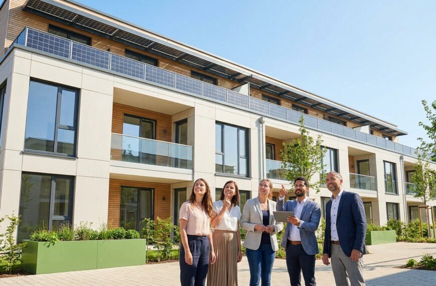 Cinq personnes devant un immeuble moderne avec panneaux solaires sur les balcons et le toit, discutant d'un projet.