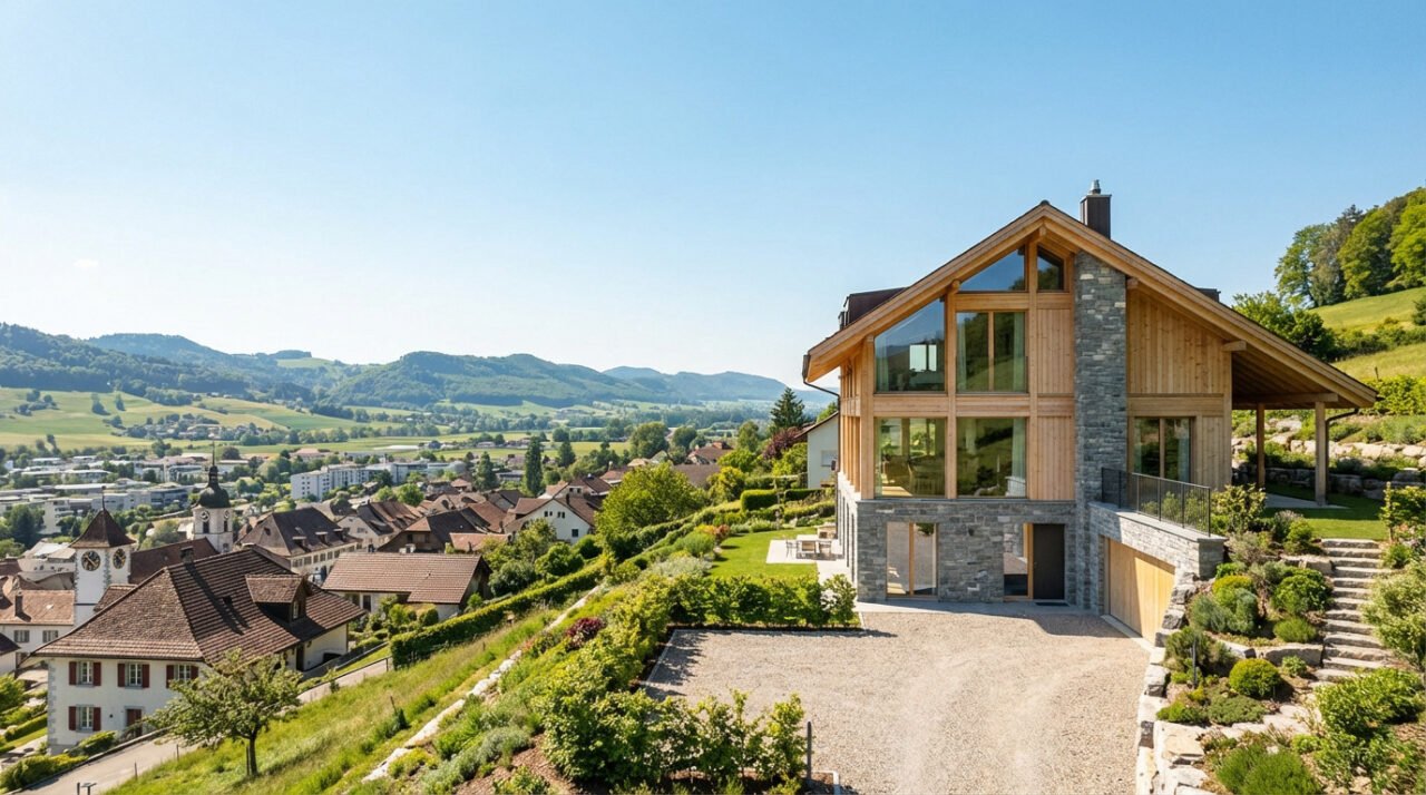Maison contemporaine en bois et pierre sur une colline, offrant une vue panoramique sur une ville suisse et des montagnes verdoyantes.