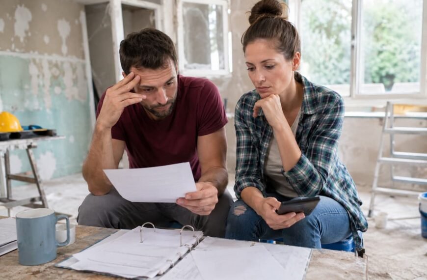 Un homme et une femme sont assis dans une pièce partiellement rénovée ; ils consultent des documents et un classeur, tandis que la femme tient un smartphone à la main et que l'on aperçoit des matériaux de construction à l'arrière-plan.